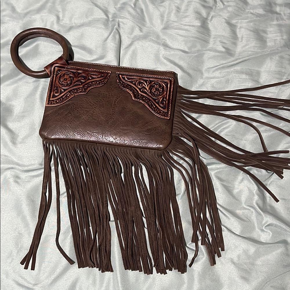 Brown Fringe Leather Clutch